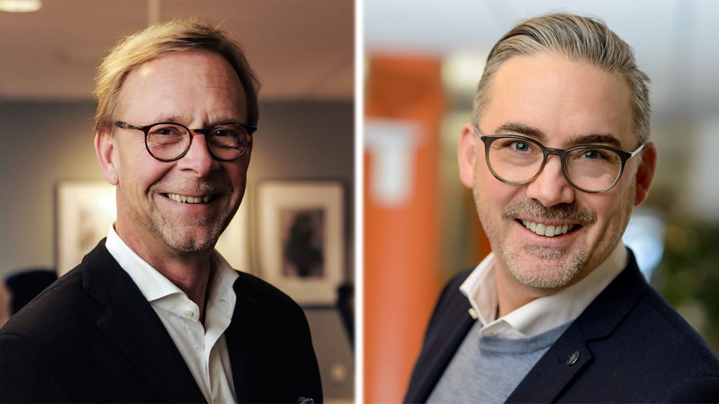 Magnus Ohlin, VD IsiCom, och Jörgen Rönnqvist, Area Sales Manager Nordics and Baltics på Konftel, gläder sig över nytt samarbete kring videokonferenser.