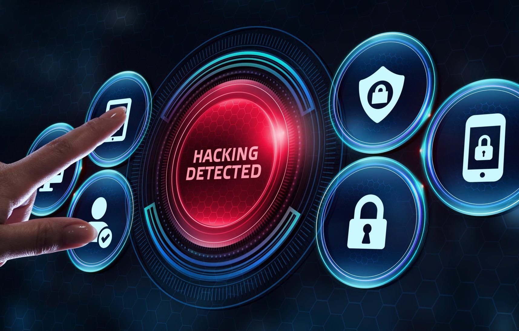 Bilden är ett collage av säkerhetsymboler. I mitten syns en röd knapp med ordet "Hacking detected".